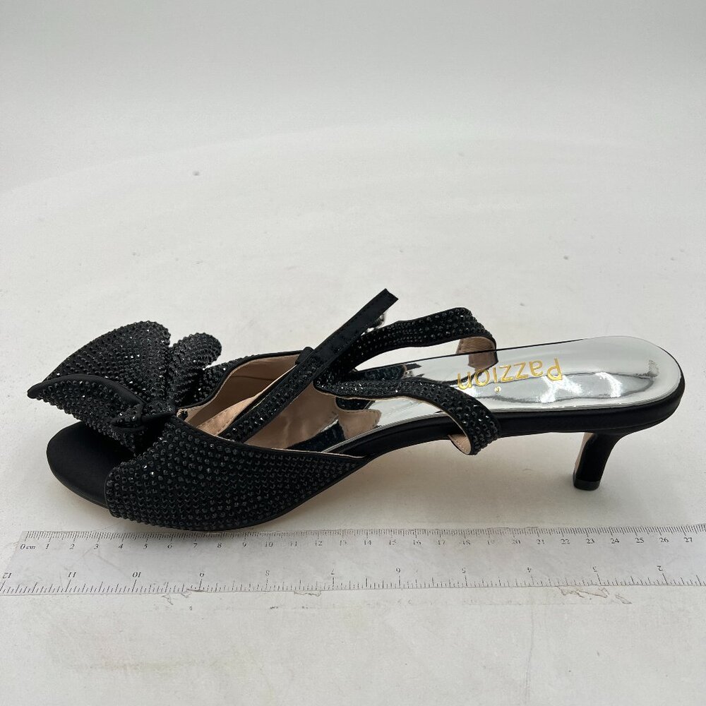 Black Crystal Bow Kitten Heel Sandals